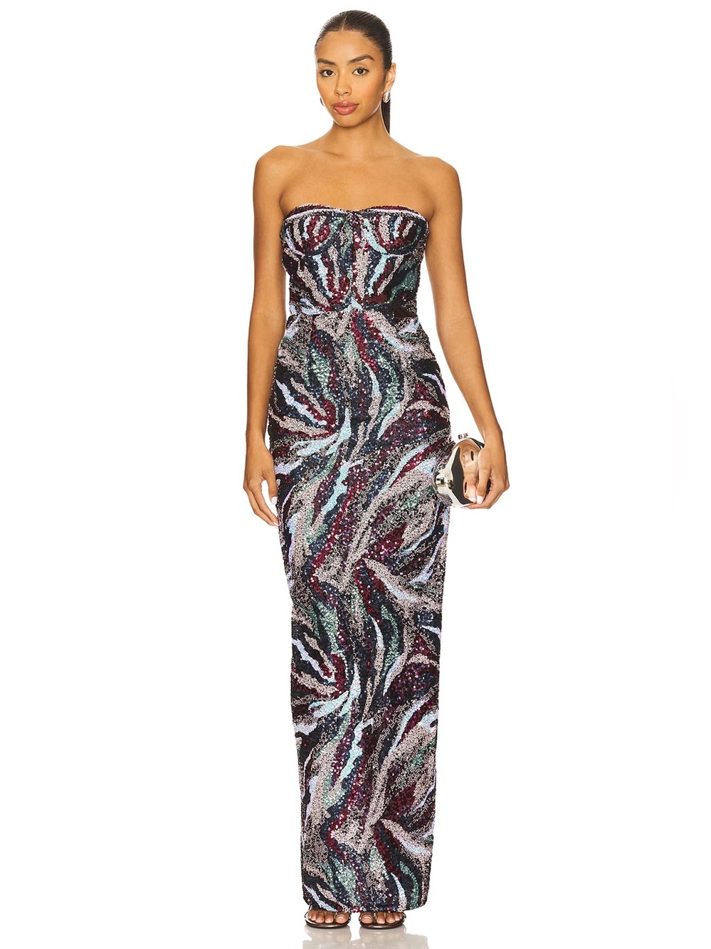 NEW Bronx and Banco Dahlia Maxi Dress in Pink Multi Strapless Sequin Evening
